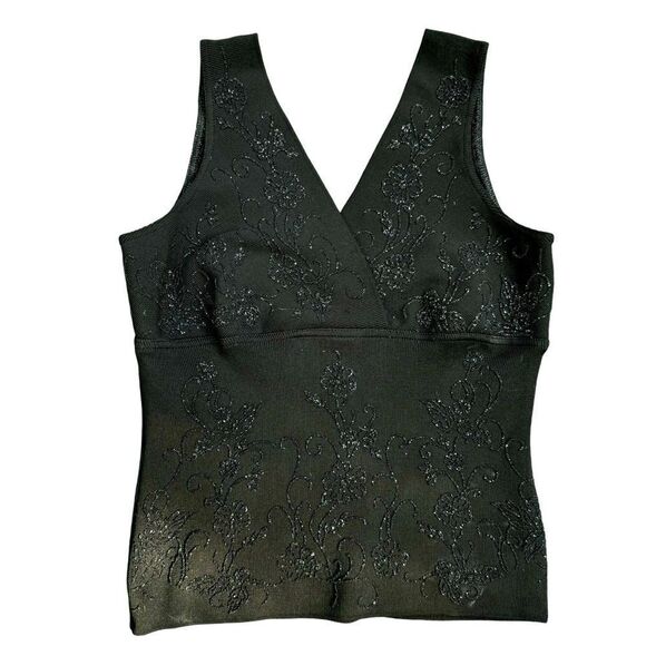90s VERONIQUE YOUNG BLACK BEADED FLORAL DESIGN V-NECK TOP S KNIT STRETCH Size S - Picture 3 of 5